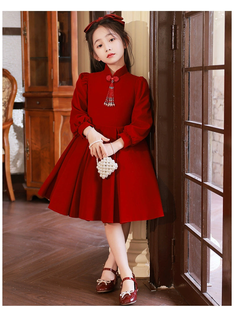 Macy Red High-End Long-Sleeved Piano Performance Children's Dress