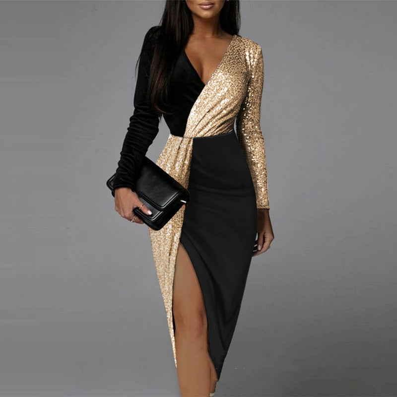 Maxy Sequin V Neck Sexy Slit Color Block Asymmetrical Dress Women Sexy Party Dress