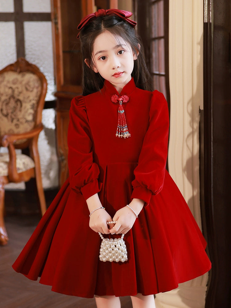 Macy Red High-End Long-Sleeved Piano Performance Children's Dress