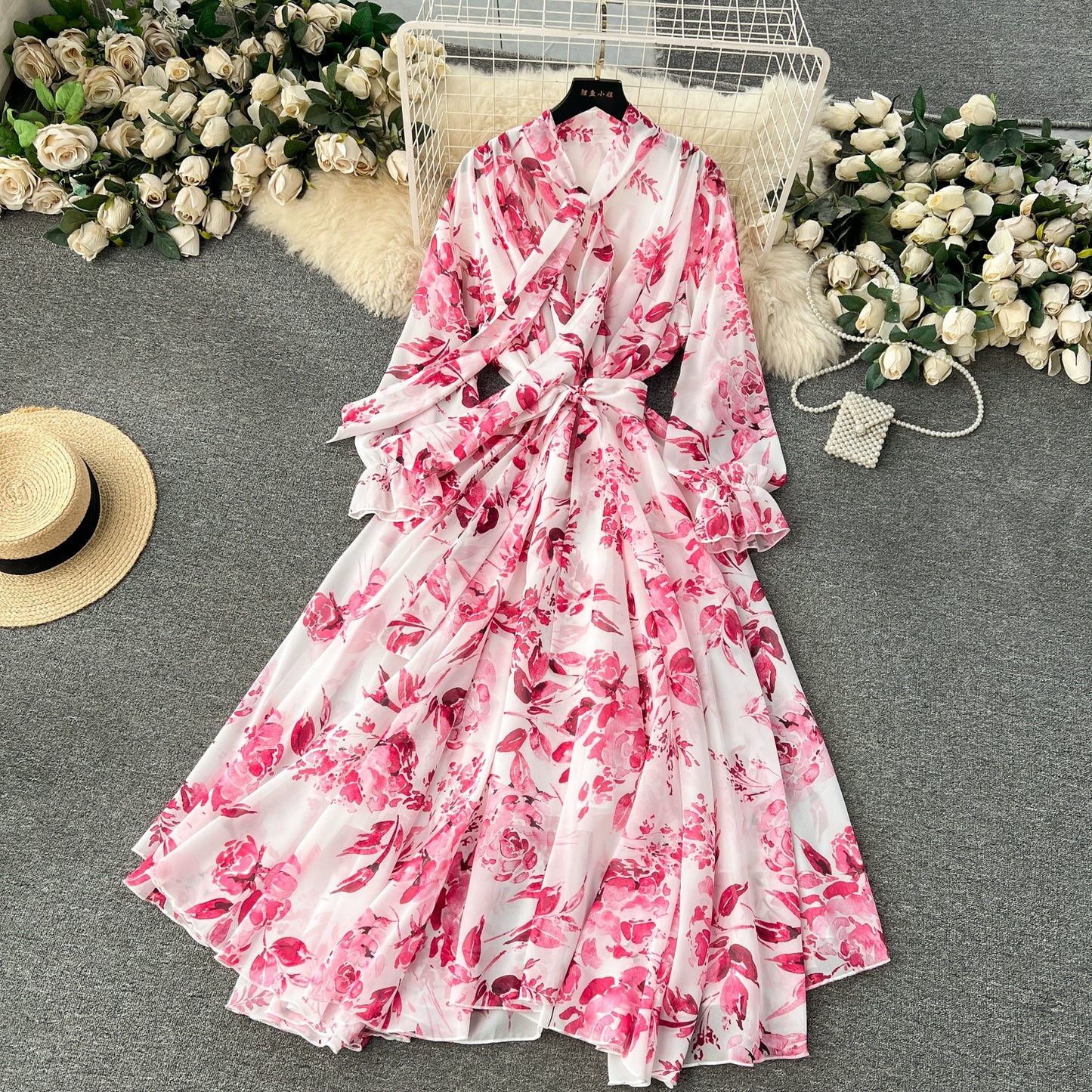 Elegance Graceful Spring Clothing Long Big Swing Chiffon Dress