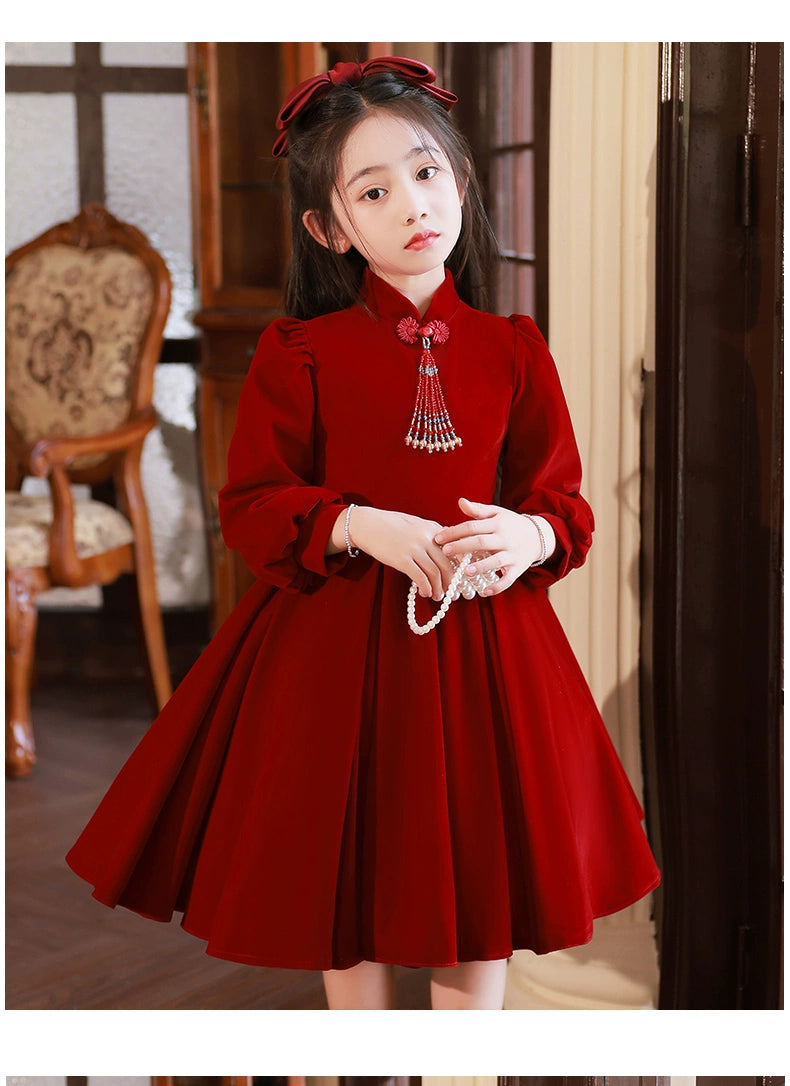 Macy Red High-End Long-Sleeved Piano Performance Children's Dress