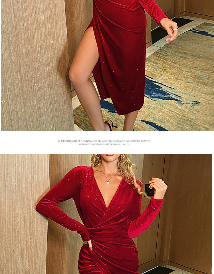 Babs Fashion Style Sexy Socialite Deep V Gold Velvet Shiny Long Sleeves Dress Over knee Mid-Length Toast Banquet Skirt