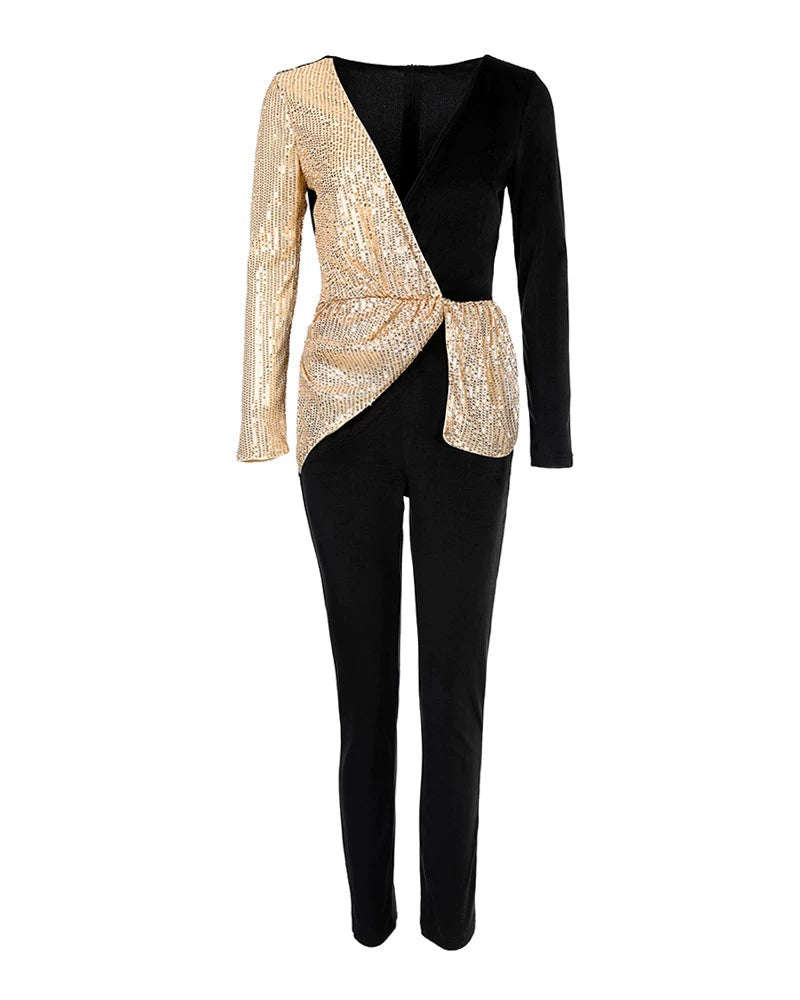 Babs Color Matching Jumpsuit Sequins Velvet Long Sleeve Jumpsuit