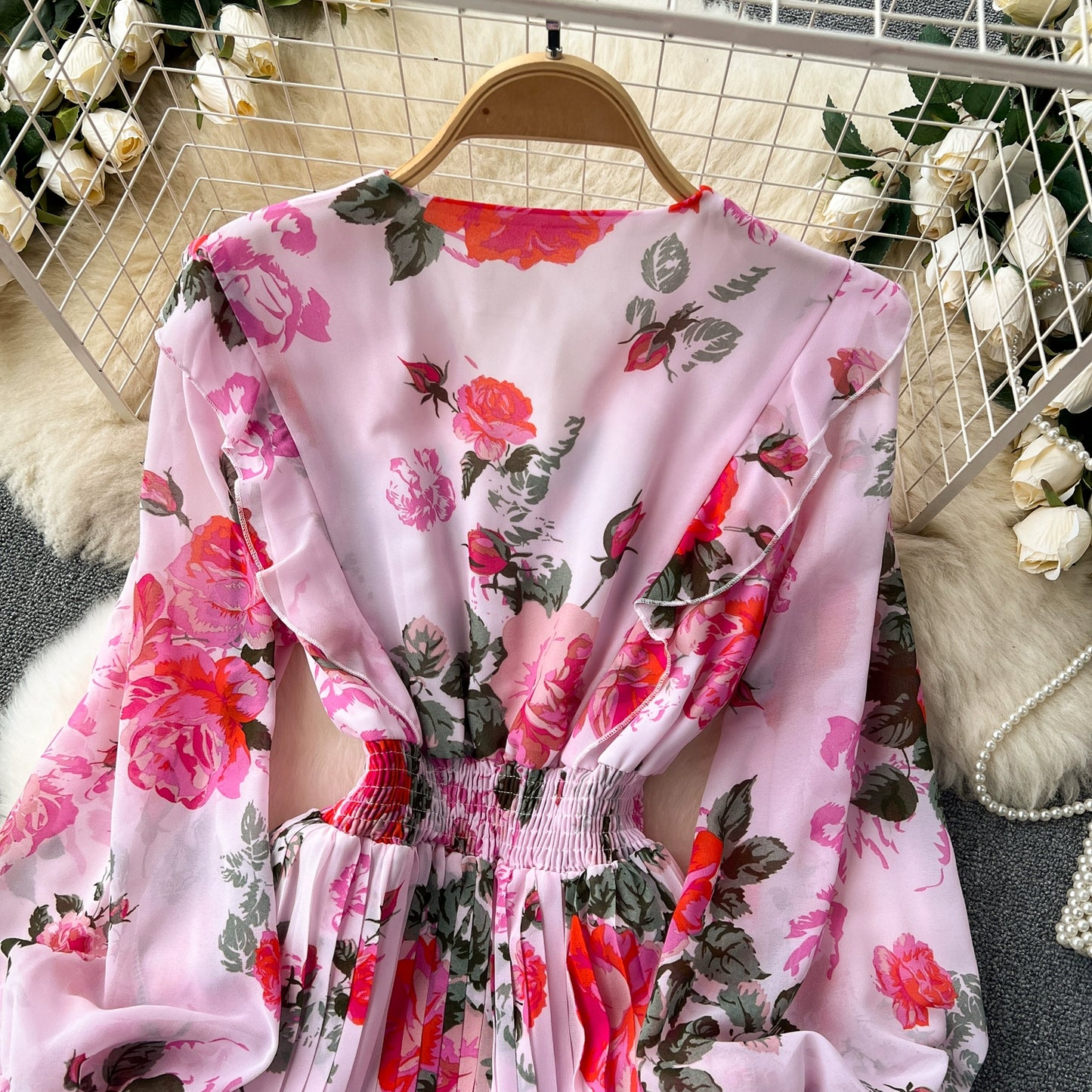 Macy French Style Retro Dress Women's Niche Style Lightly Mature Floral Chiffon Fairy Dress Tight Waist Slim Looking Elegant Pleated Long Dress