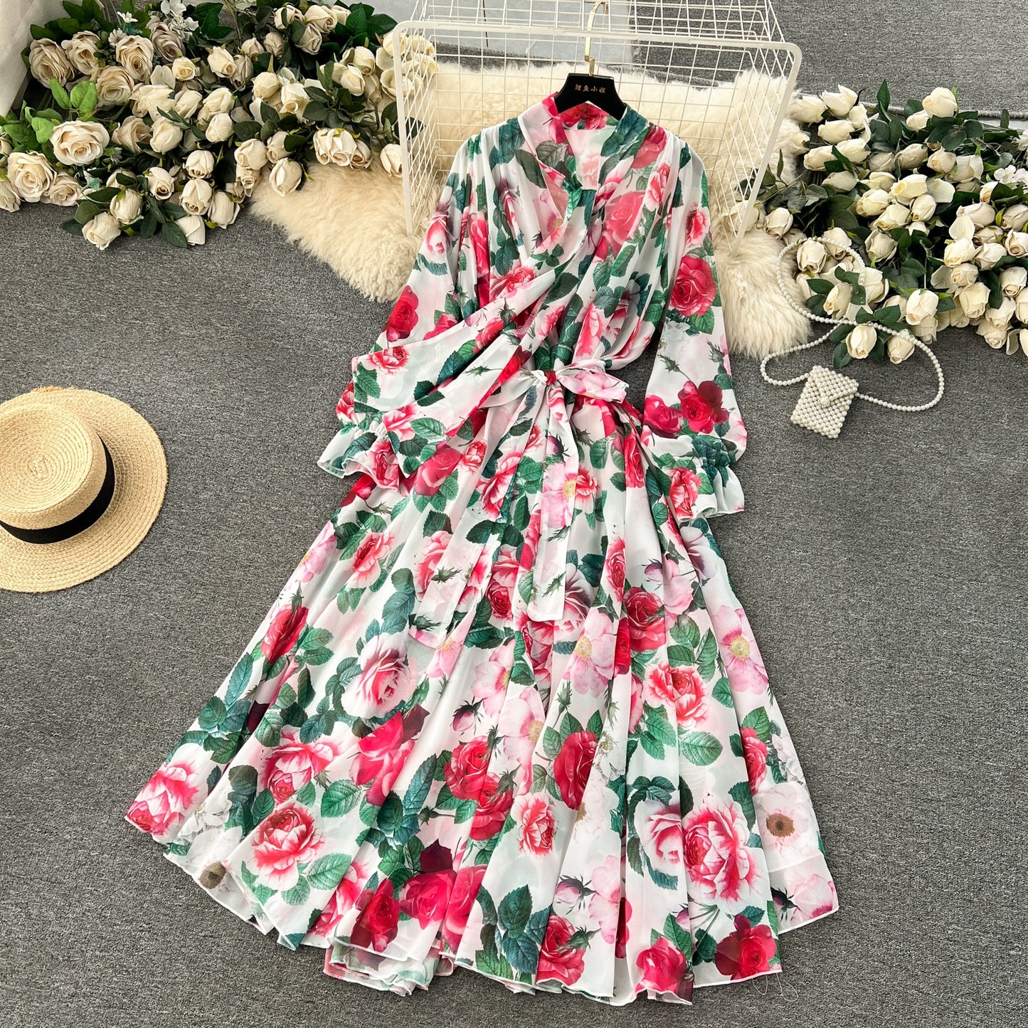 Elegance Graceful Spring Clothing Long Big Swing Chiffon Dress