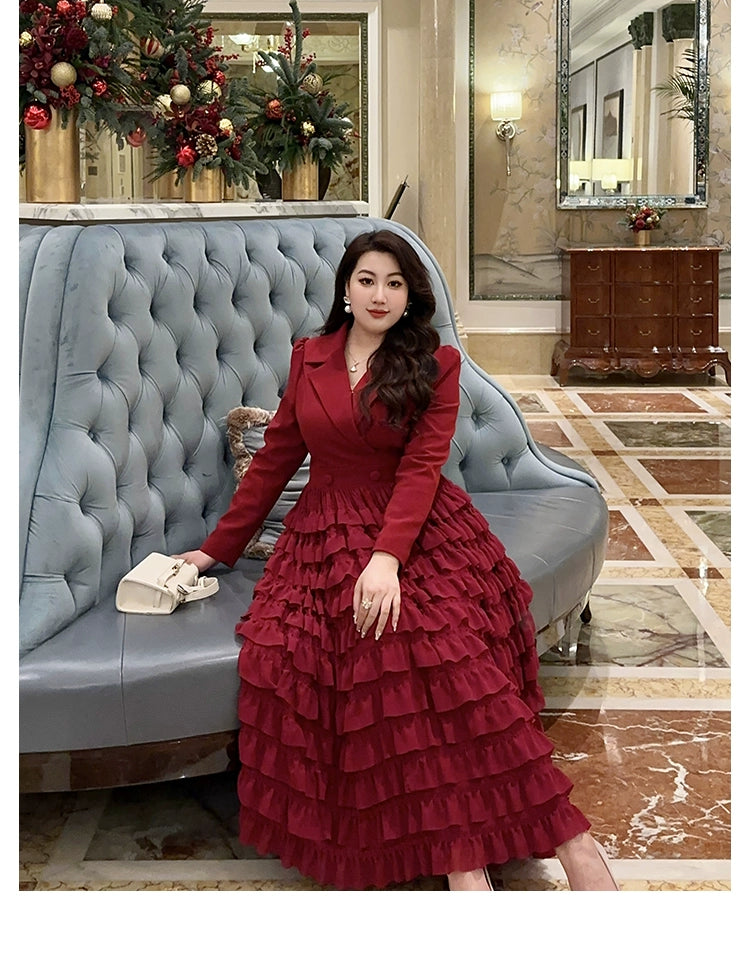 Macy Plus Size Ladies Fashion Elegance Red Cake Suit