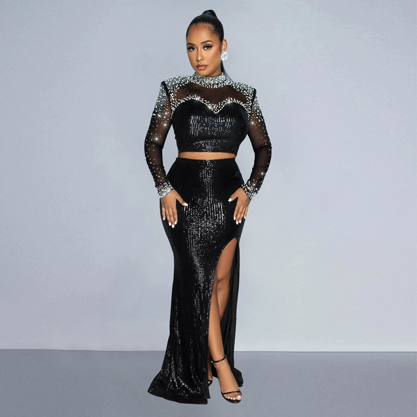 Amay Women's Sparkle Pearls Sequins Top Maxy Skirt Set Glitter