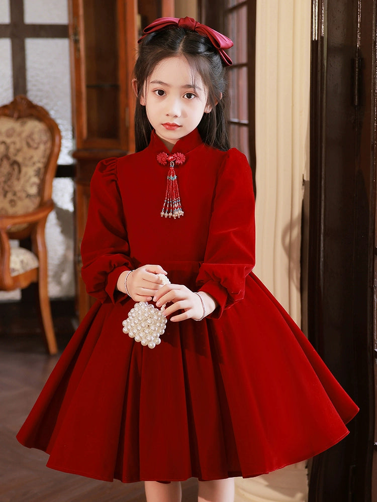 Macy Red High-End Long-Sleeved Piano Performance Children's Dress