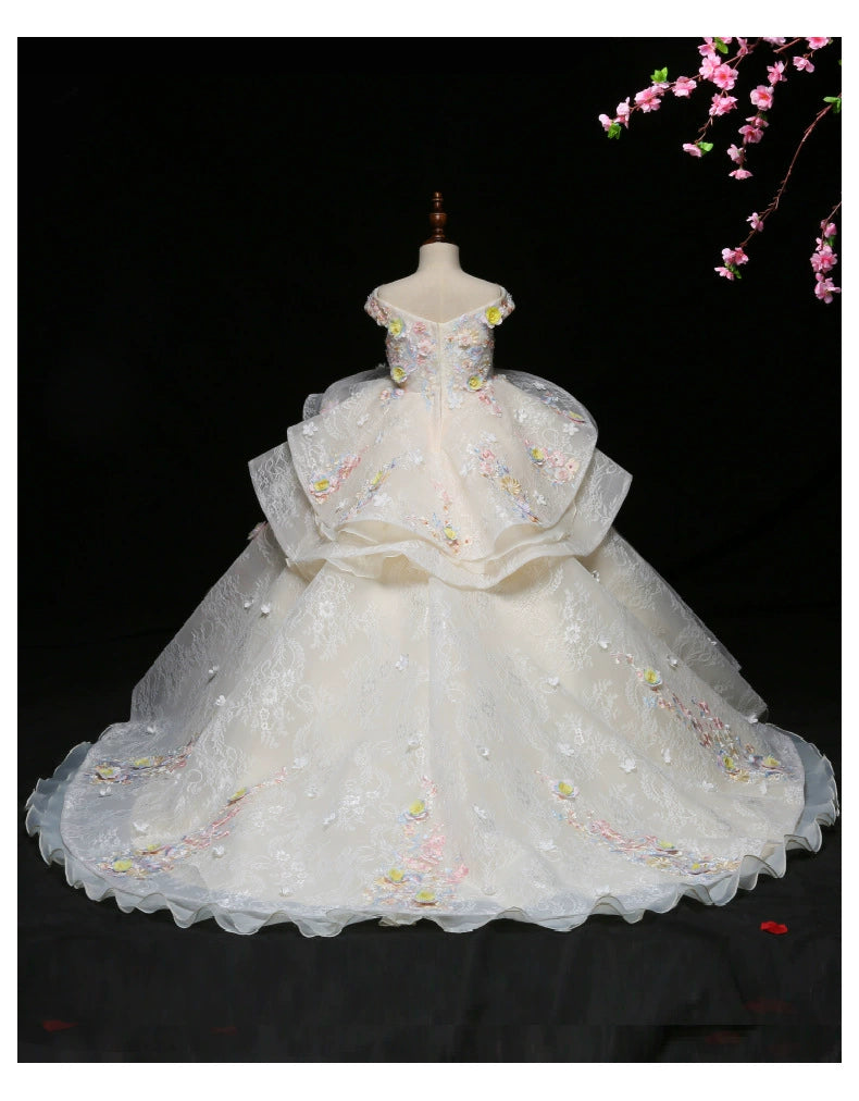 Maxy Summer Children's Dress Trailing Catwalk Performance Costumes Flower Girl Puffy Wedding Dress Elegance Girl Princess Dress