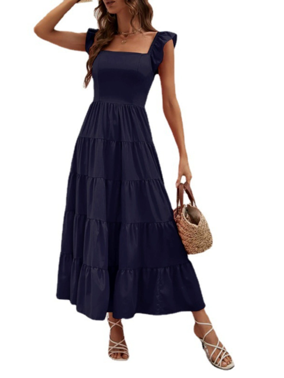 Collarless Short Babs Sleeved Waistband Dress Collarless Short Sleeve Waist-Controlled Long Dress