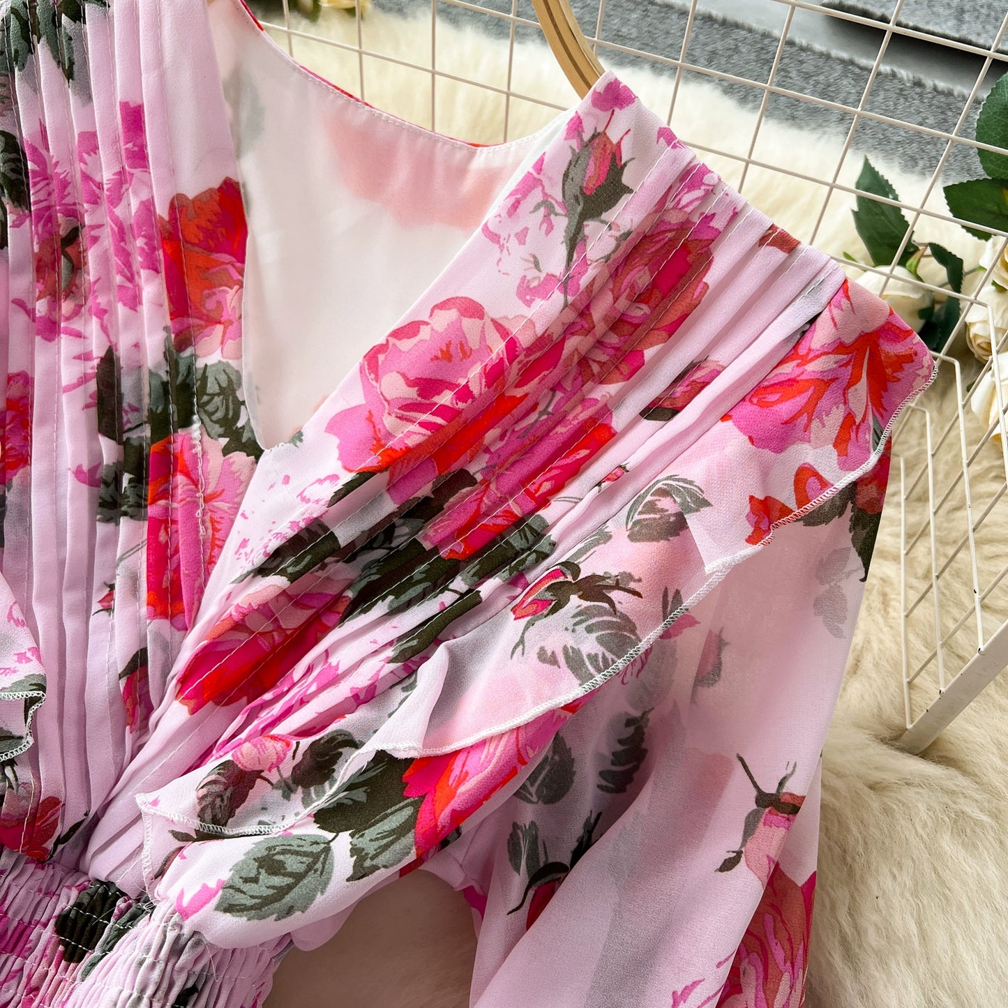 Macy French Style Retro Dress Women's Niche Style Lightly Mature Floral Chiffon Fairy Dress Tight Waist Slim Looking Elegant Pleated Long Dress