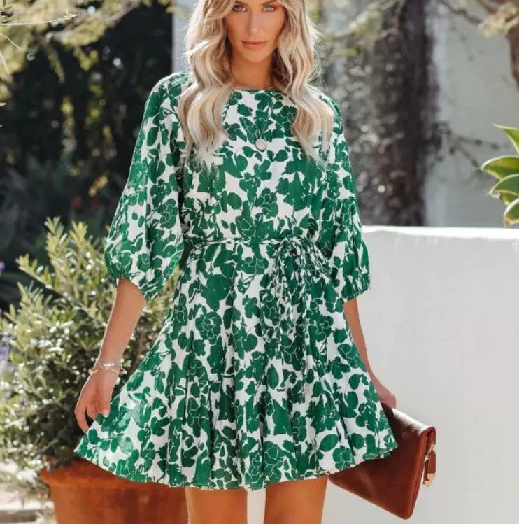 Babs Dress Waist Trimming Lace up European and American-Style Mid-Sleeve Dress