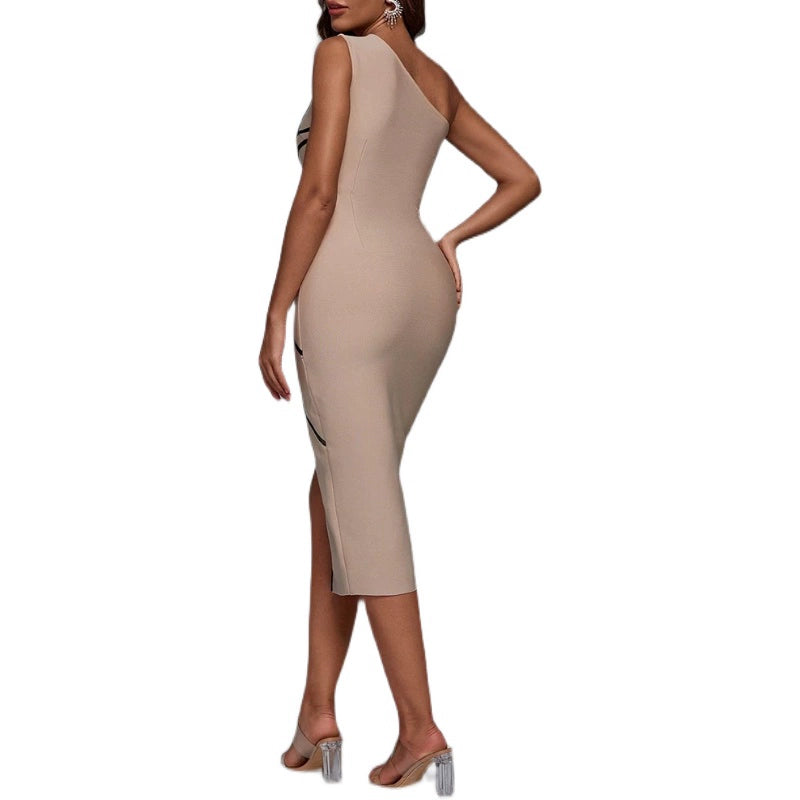 Babs Bandage Dress New Sexy Slit Slant Shoulder Stripes One Shoulder Sleeveless Elegant Women's Annual Meeting Dress