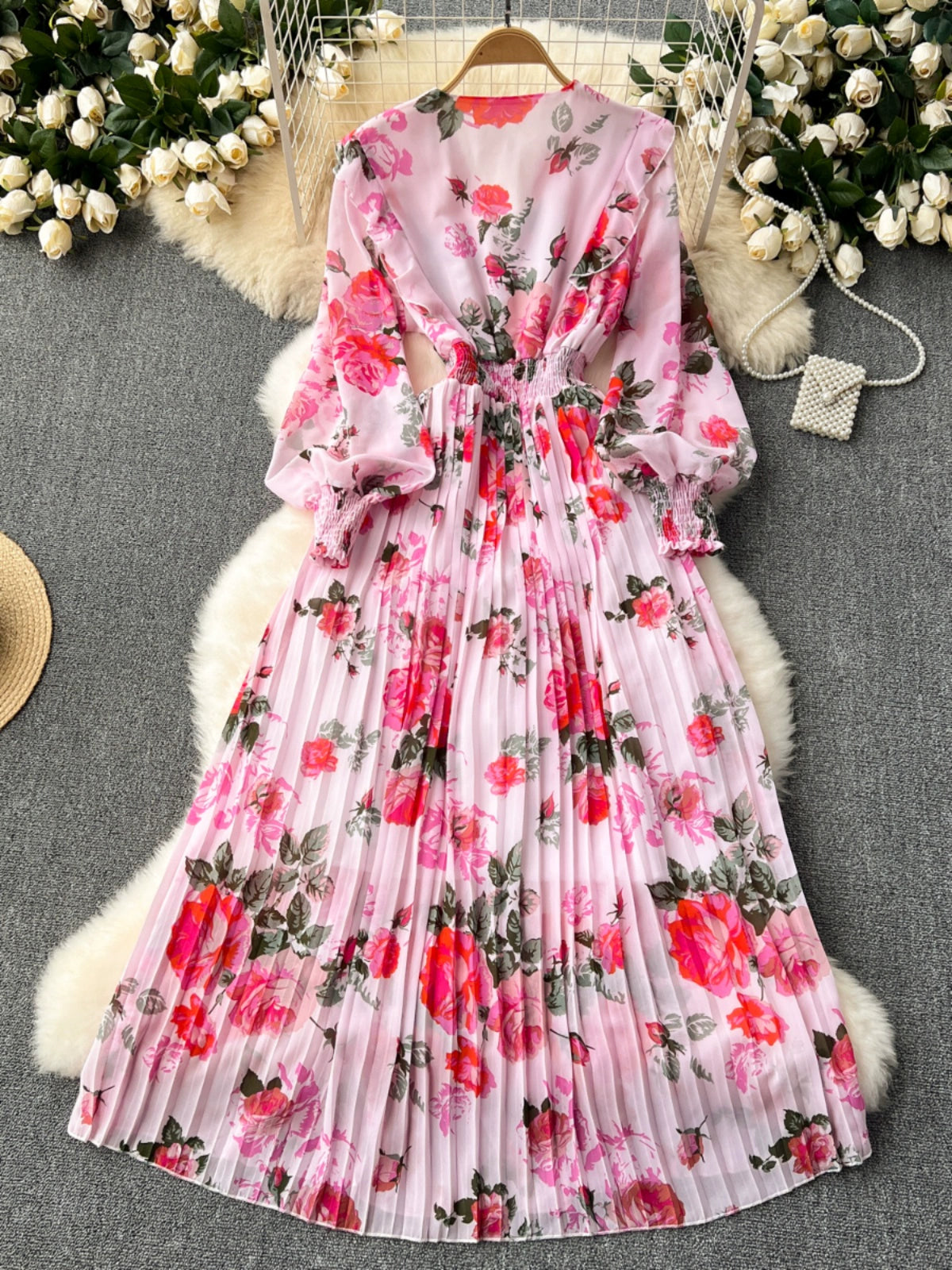 Macy French Style Retro Dress Women's Niche Style Lightly Mature Floral Chiffon Fairy Dress Tight Waist Slim Looking Elegant Pleated Long Dress