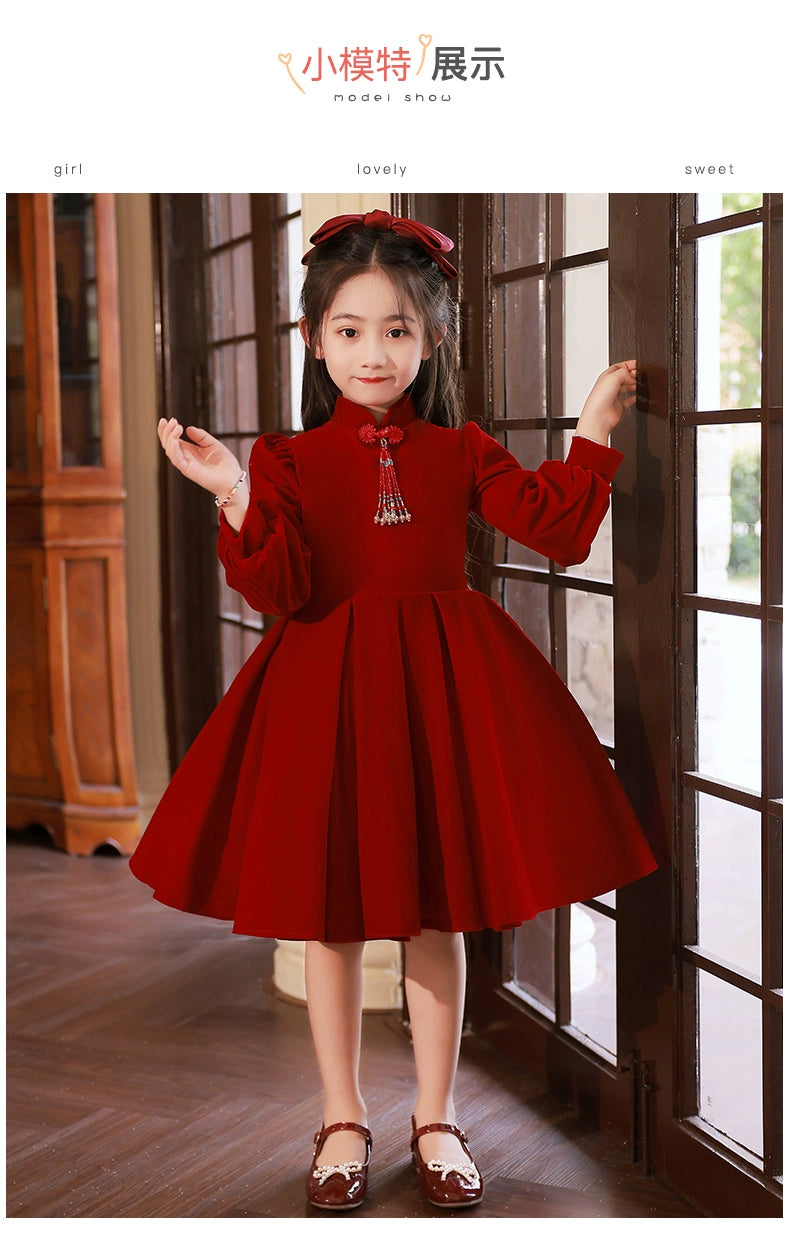 Macy Red High-End Long-Sleeved Piano Performance Children's Dress