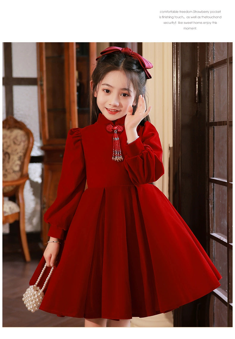 Macy Red High-End Long-Sleeved Piano Performance Children's Dress