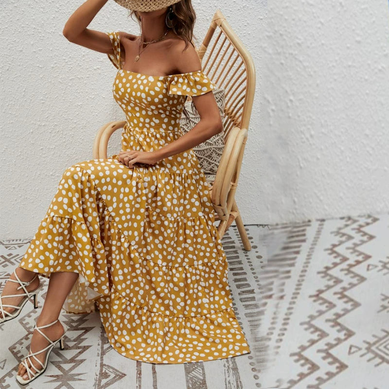 Collarless Short Babs Sleeved Waistband Dress Collarless Short Sleeve Waist-Controlled Long Dress