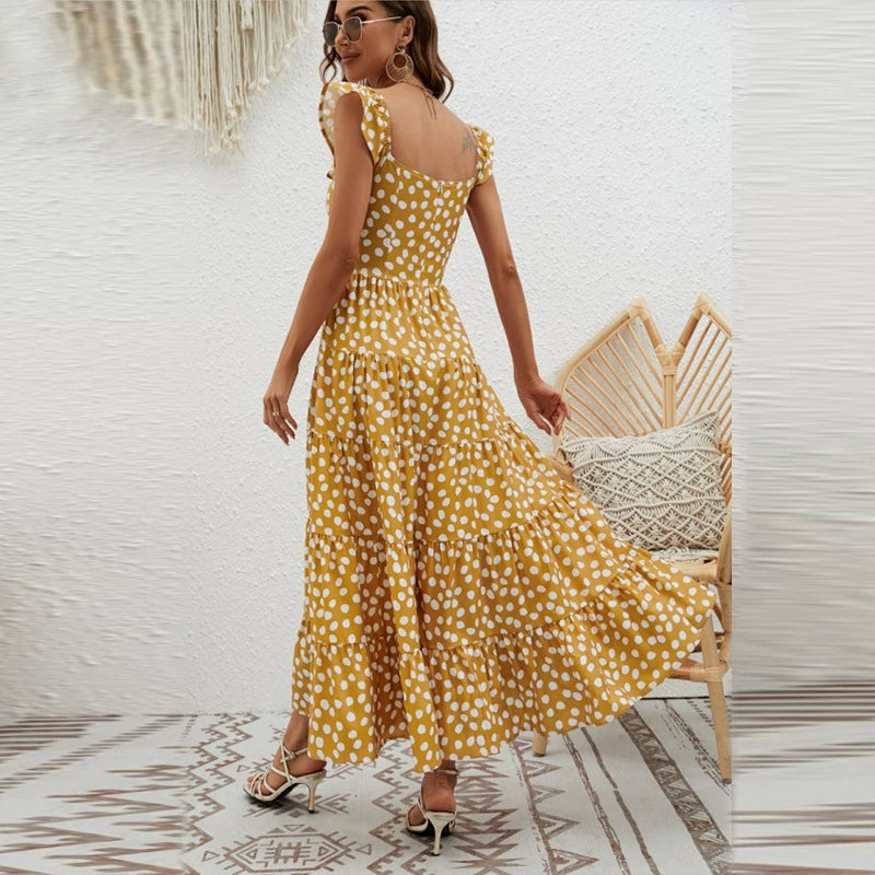 Collarless Short Babs Sleeved Waistband Dress Collarless Short Sleeve Waist-Controlled Long Dress