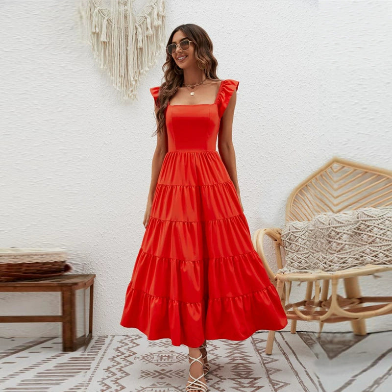 Collarless Short Babs Sleeved Waistband Dress Collarless Short Sleeve Waist-Controlled Long Dress