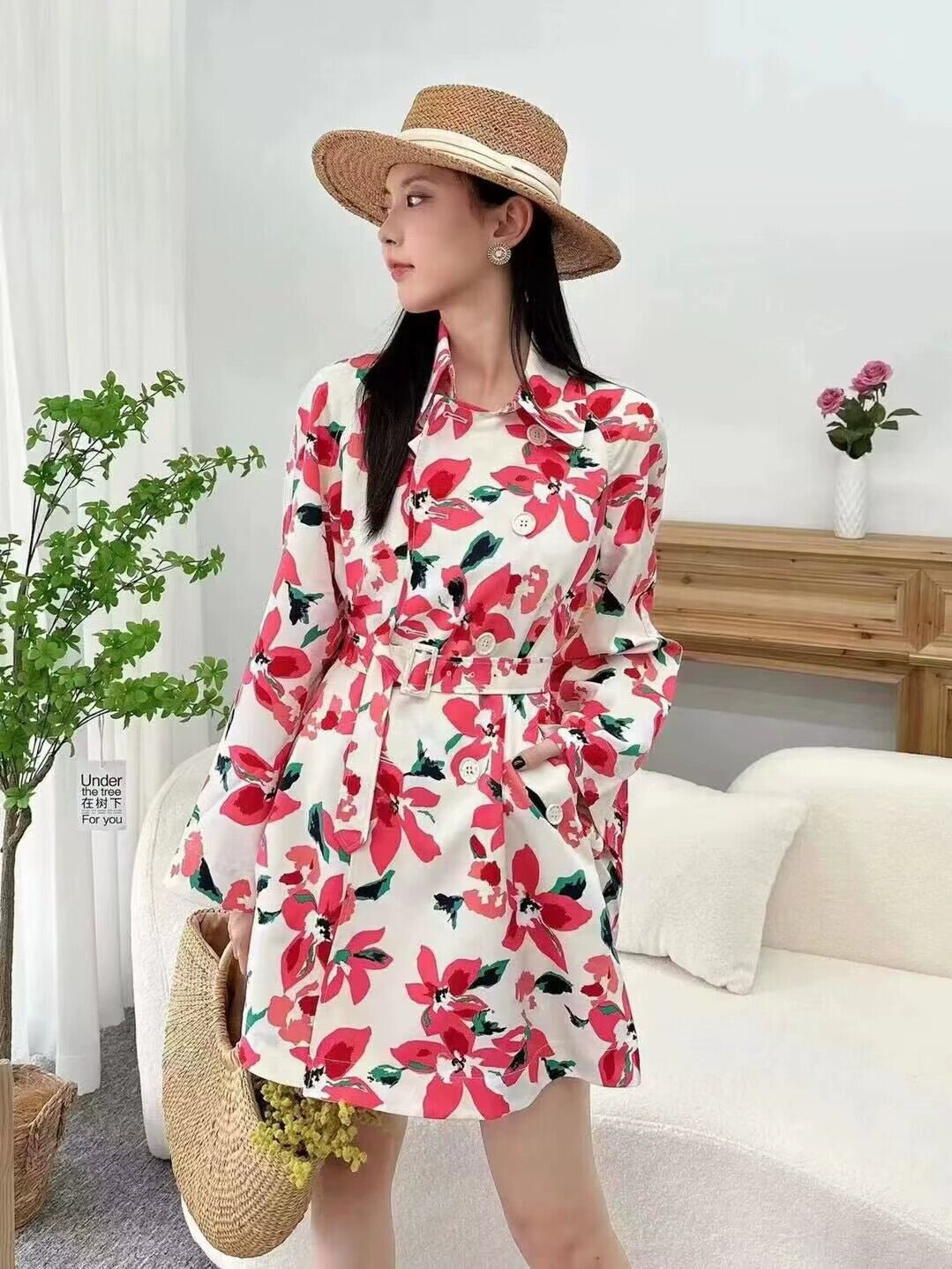 Maxy Autumn New Arrival Loose Temperament Print Belt Mid Length Long Length Trench Coat Outwear Female 5400631