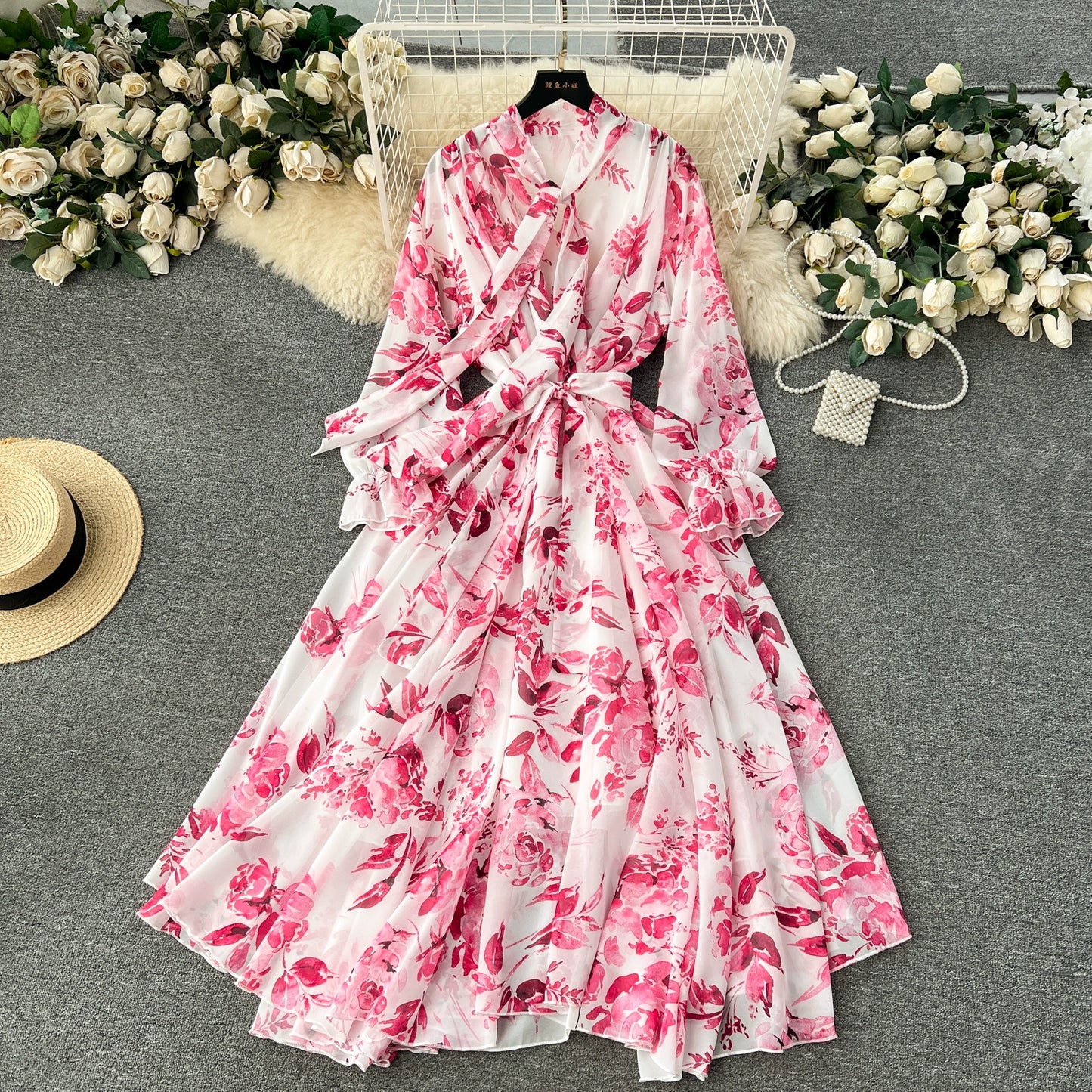 Elegance Graceful Spring Clothing Long Big Swing Chiffon Dress