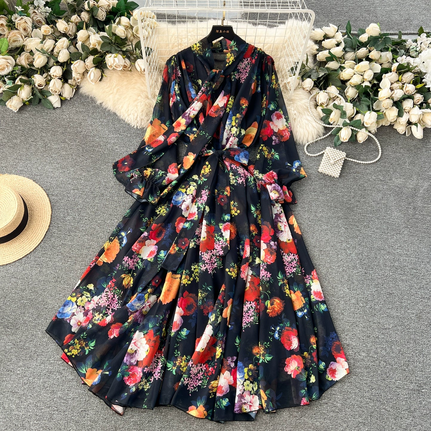 Elegance Graceful Spring Clothing Long Big Swing Chiffon Dress