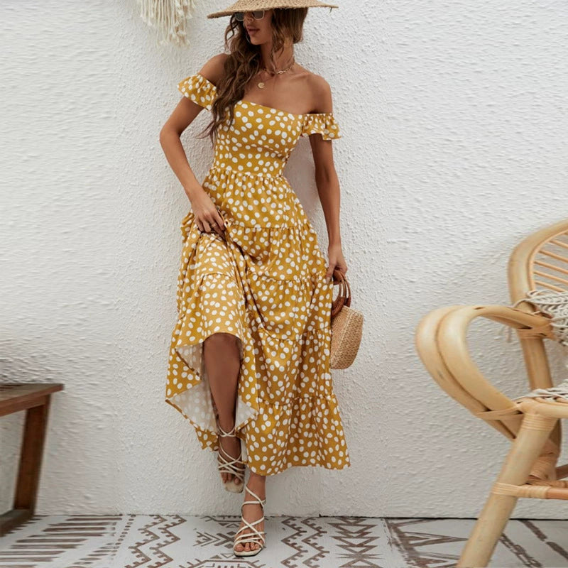 Collarless Short Babs Sleeved Waistband Dress Collarless Short Sleeve Waist-Controlled Long Dress