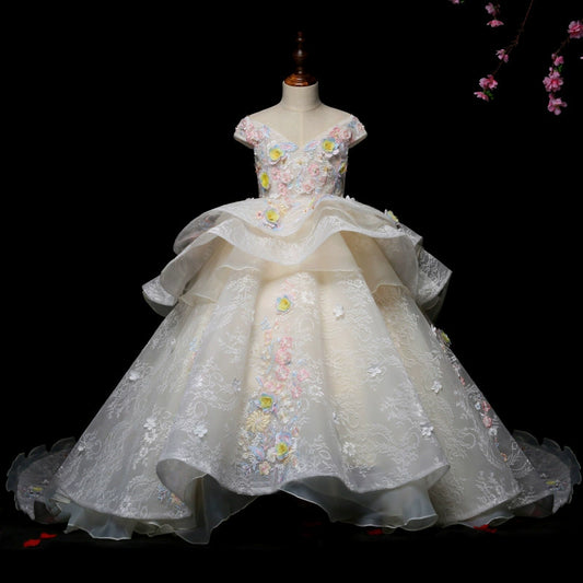 Maxy Summer Children's Dress Trailing Catwalk Performance Costumes Flower Girl Puffy Wedding Dress Elegance Girl Princess Dress