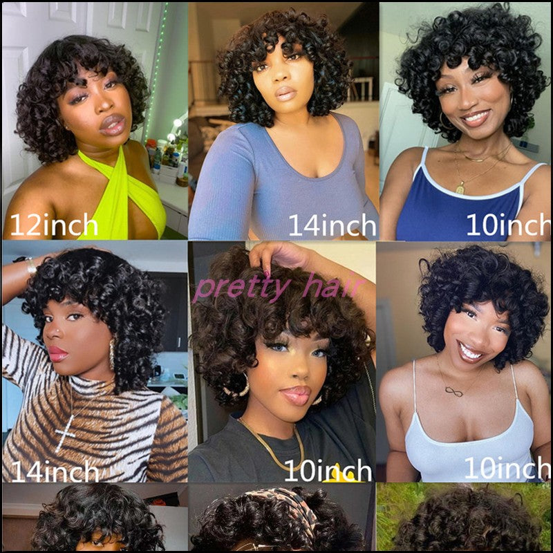 Maxy 10A Bouncy Curly Peruvian Human Hair Glueless Wigs with Bang