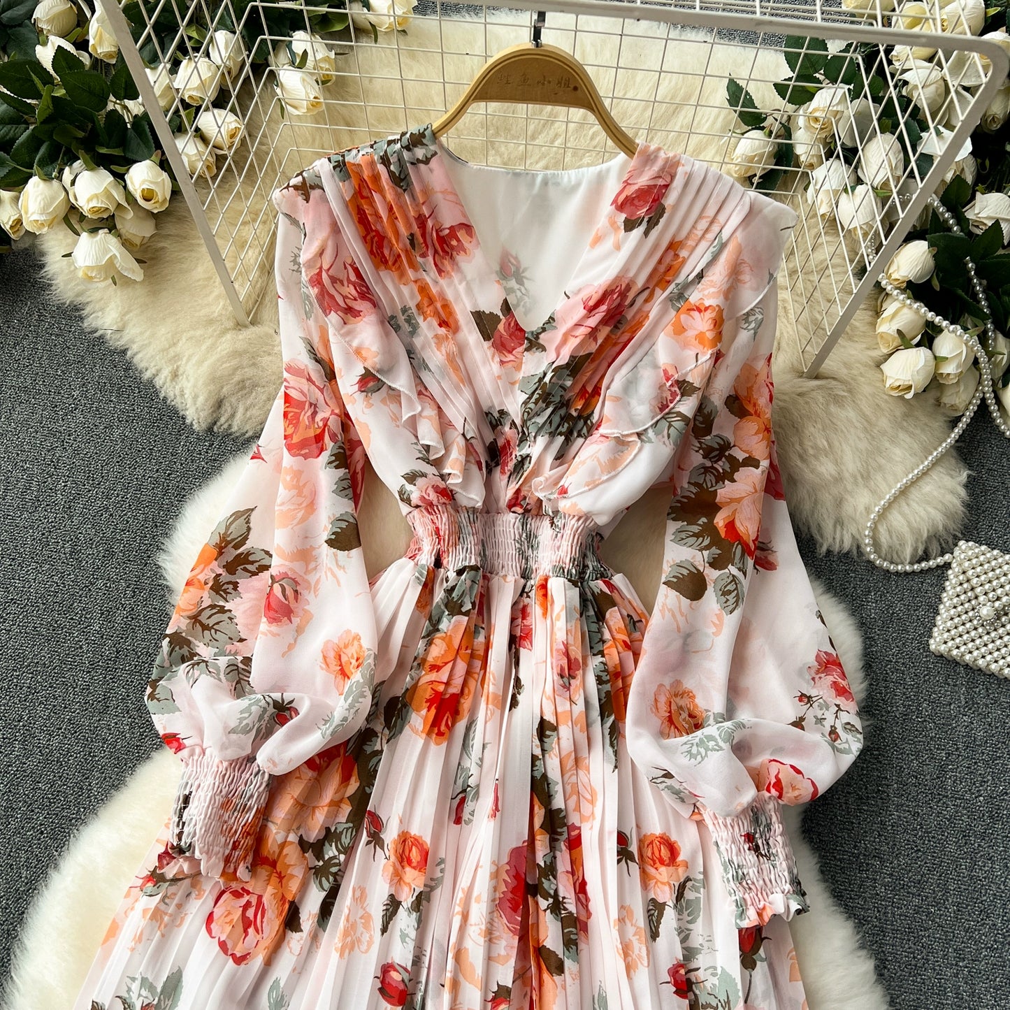 Macy French Style Retro Dress Women's Niche Style Lightly Mature Floral Chiffon Fairy Dress Tight Waist Slim Looking Elegant Pleated Long Dress