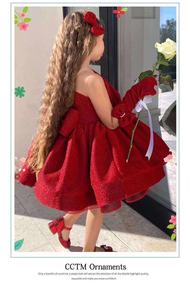 Gacy Children's red one-shoulder dress sequined Princess pompadour dress Girl's birthday party host costume