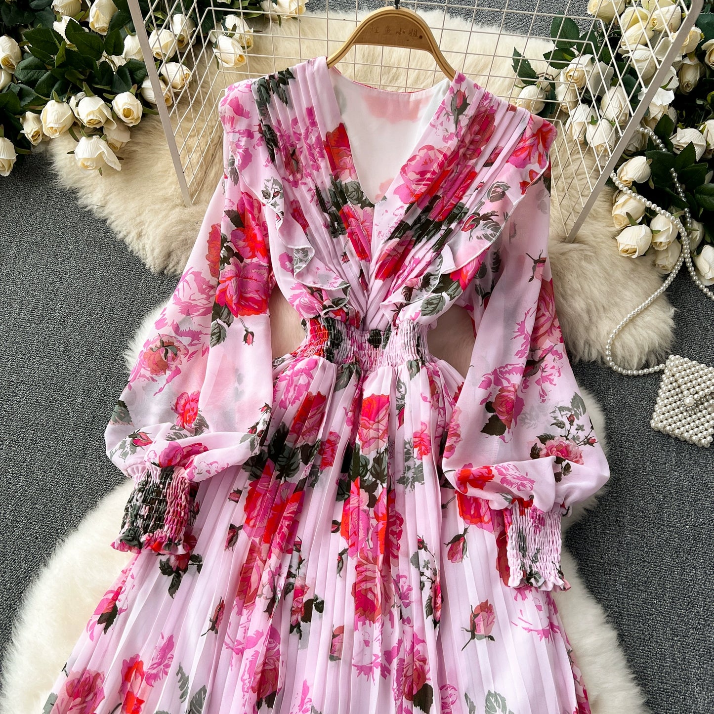Macy French Style Retro Dress Women's Niche Style Lightly Mature Floral Chiffon Fairy Dress Tight Waist Slim Looking Elegant Pleated Long Dress