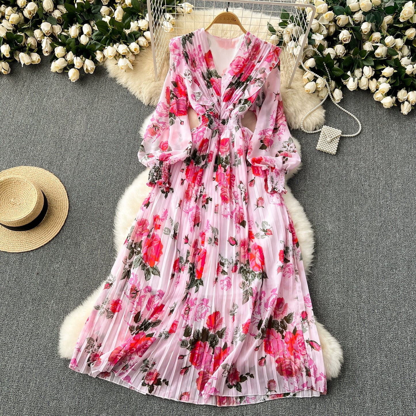 Macy French Style Retro Dress Women's Niche Style Lightly Mature Floral Chiffon Fairy Dress Tight Waist Slim Looking Elegant Pleated Long Dress