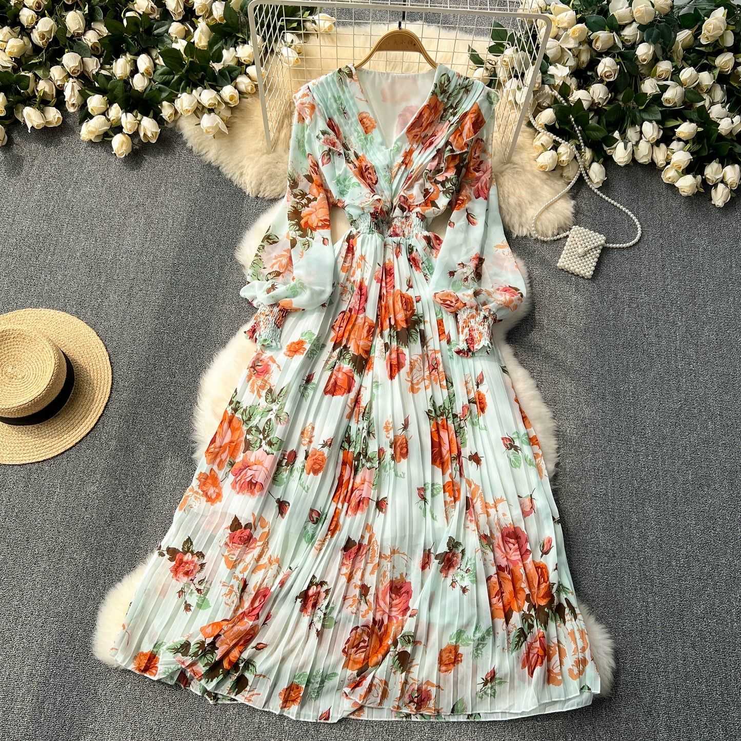 Macy French Style Retro Dress Women's Niche Style Lightly Mature Floral Chiffon Fairy Dress Tight Waist Slim Looking Elegant Pleated Long Dress