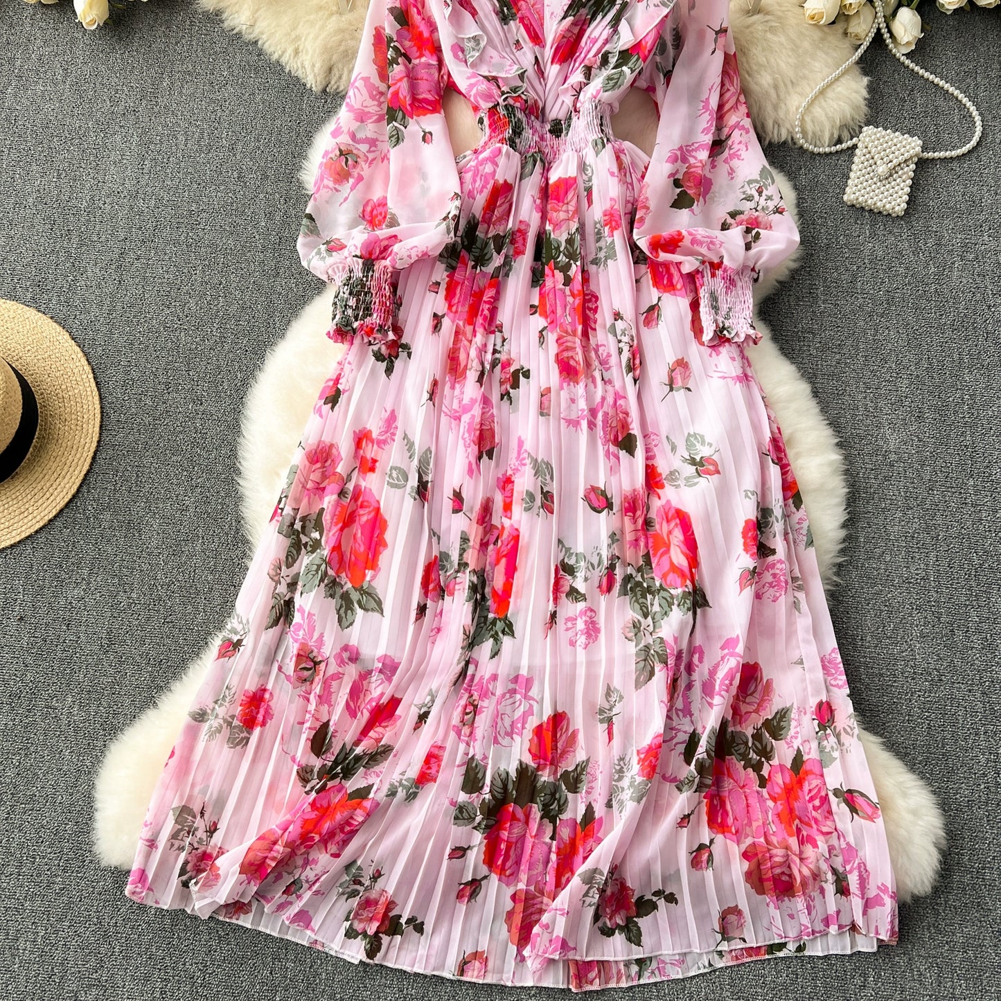 Macy French Style Retro Dress Women's Niche Style Lightly Mature Floral Chiffon Fairy Dress Tight Waist Slim Looking Elegant Pleated Long Dress