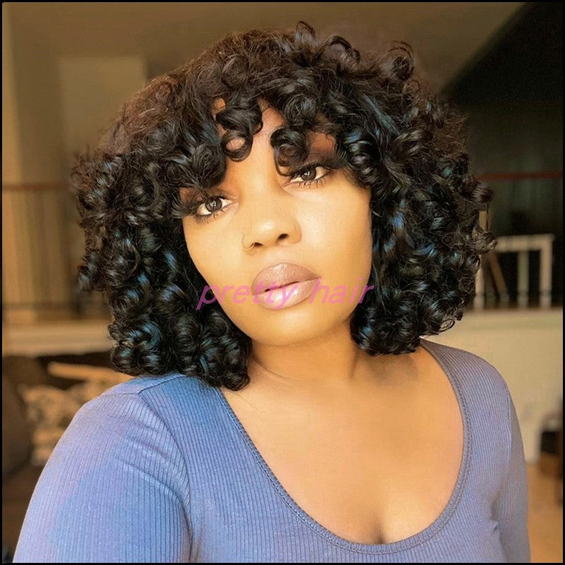 Maxy 10A Bouncy Curly Peruvian Human Hair Glueless Wigs with Bang