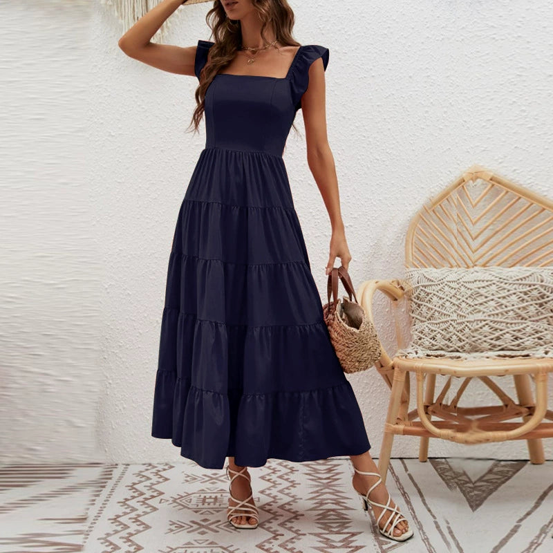 Collarless Short Babs Sleeved Waistband Dress Collarless Short Sleeve Waist-Controlled Long Dress