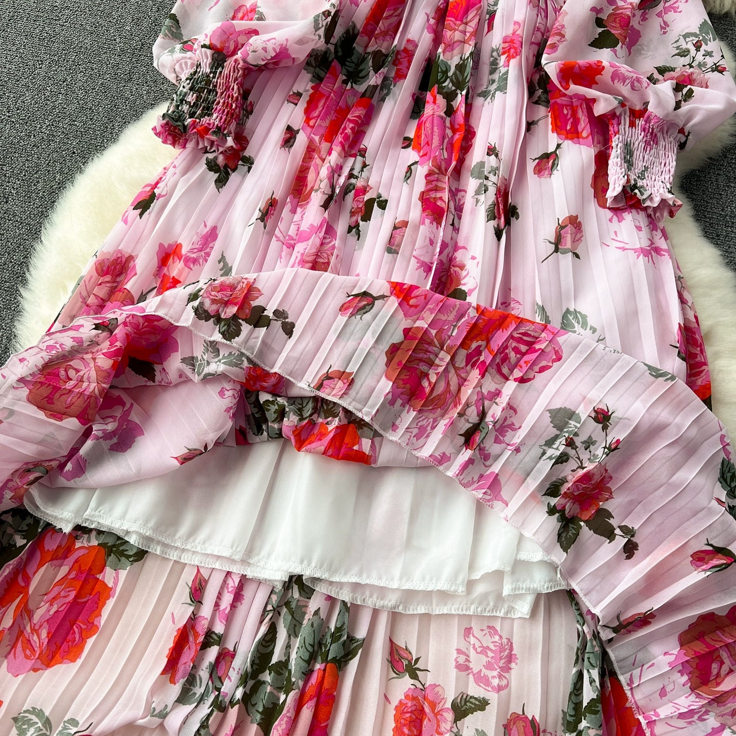 Macy French Style Retro Dress Women's Niche Style Lightly Mature Floral Chiffon Fairy Dress Tight Waist Slim Looking Elegant Pleated Long Dress