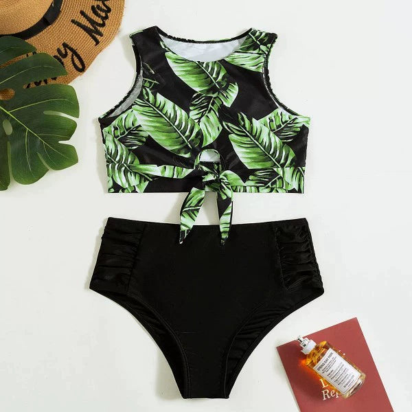 Babs Hot Spring Sexy Swimsuit Leaf Printed Bikini European and American Sexy Bikini Female High Waist Vest-Style Separates Swimsuit