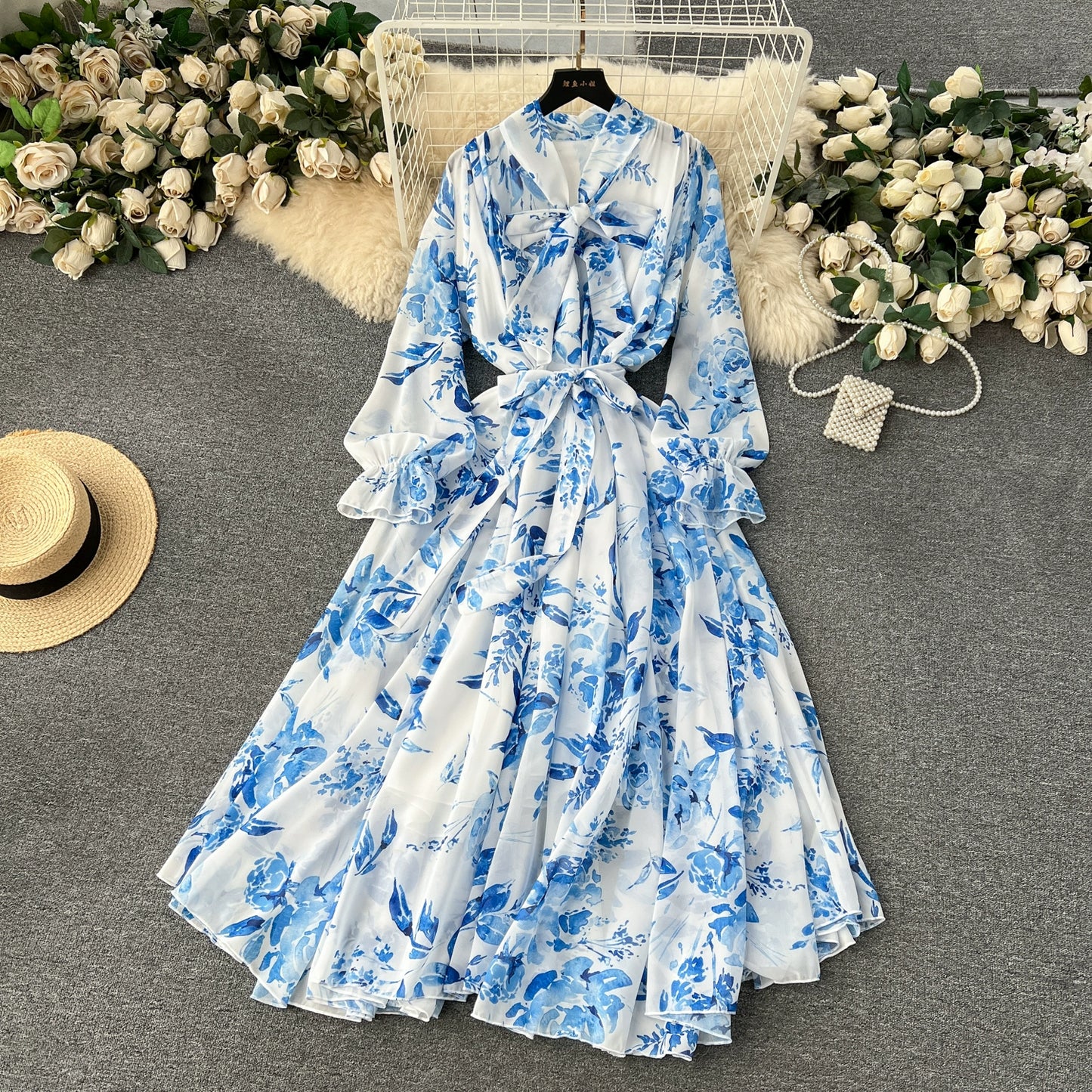 Elegance Graceful Spring Clothing Long Big Swing Chiffon Dress