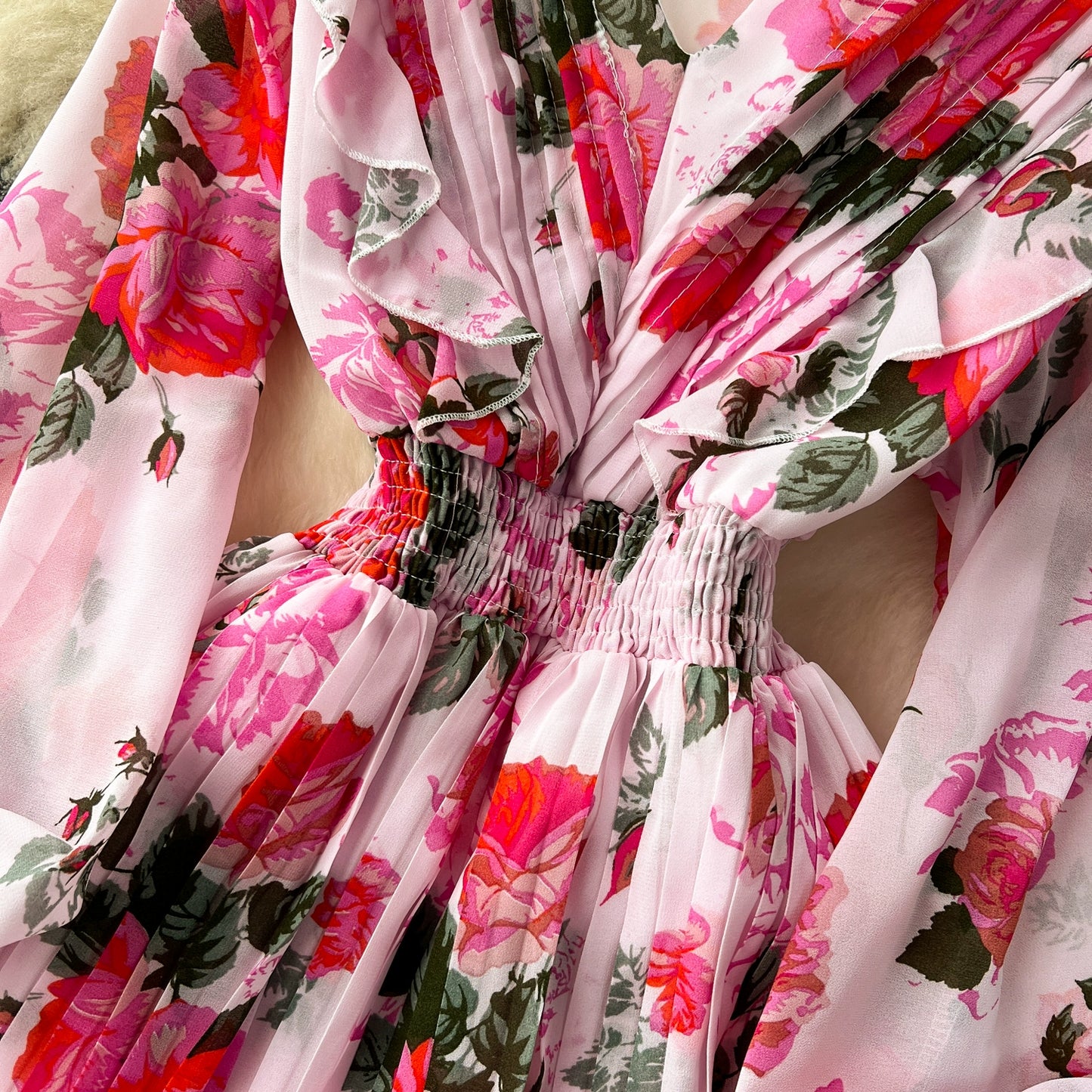 Macy French Style Retro Dress Women's Niche Style Lightly Mature Floral Chiffon Fairy Dress Tight Waist Slim Looking Elegant Pleated Long Dress