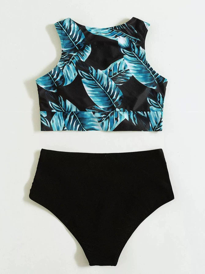 Babs Hot Spring Sexy Swimsuit Leaf Printed Bikini European and American Sexy Bikini Female High Waist Vest-Style Separates Swimsuit