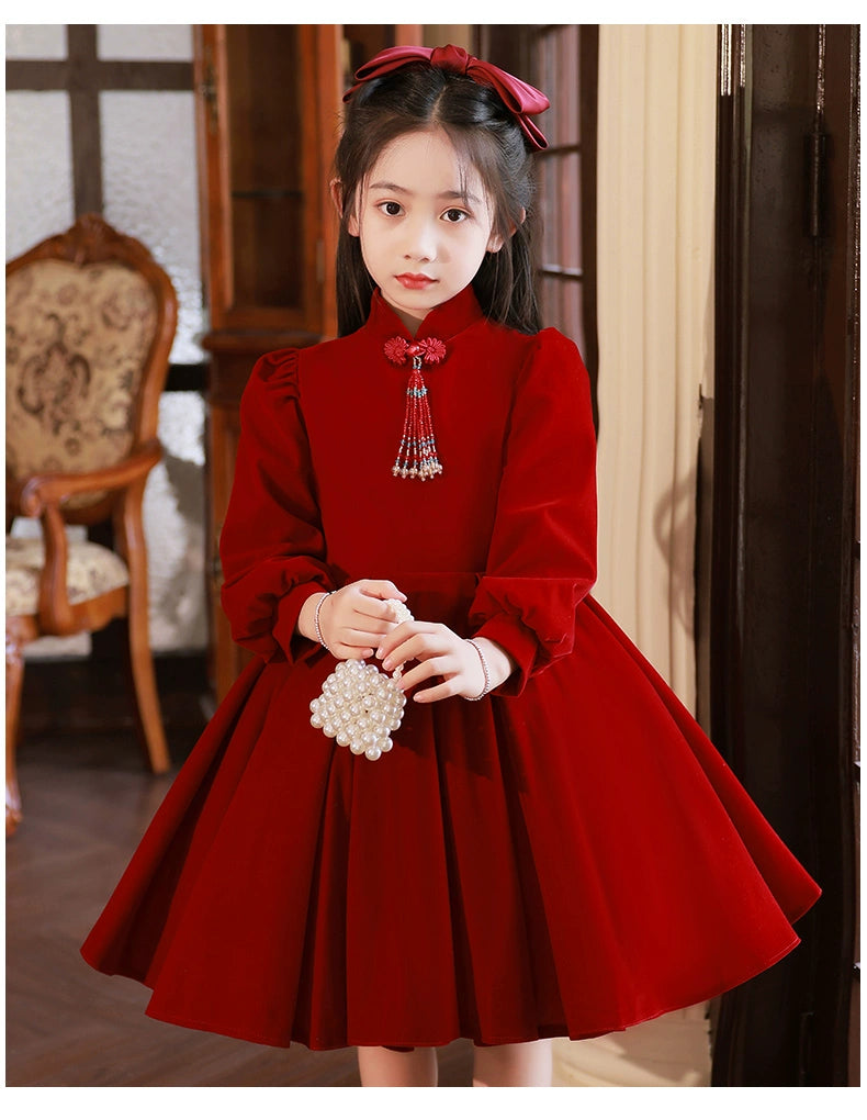 Macy Red High-End Long-Sleeved Piano Performance Children's Dress