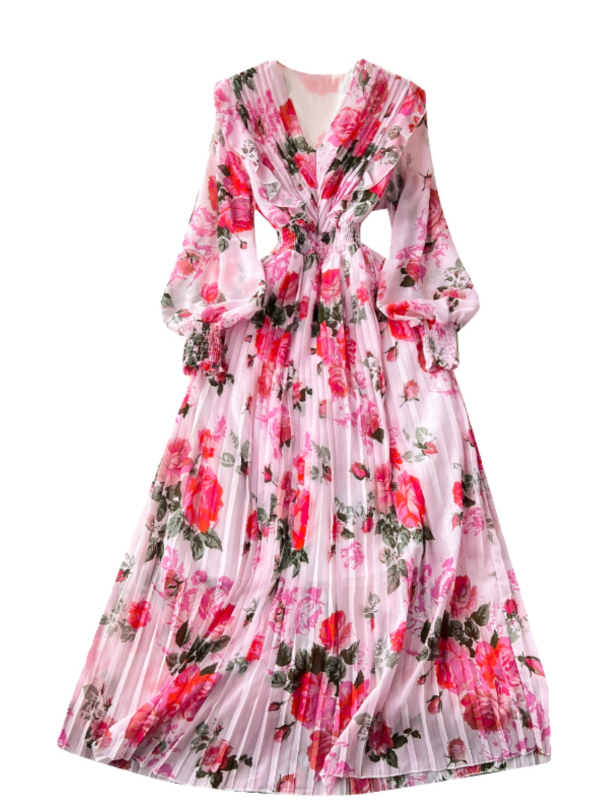 Macy French Style Retro Dress Women's Niche Style Lightly Mature Floral Chiffon Fairy Dress Tight Waist Slim Looking Elegant Pleated Long Dress