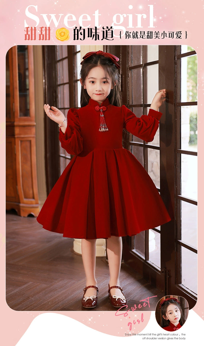 Macy Red High-End Long-Sleeved Piano Performance Children's Dress