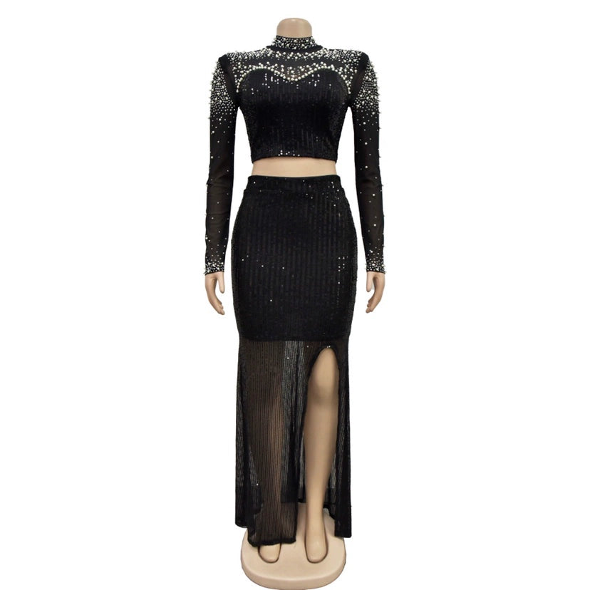 Amay Women's Sparkle Pearls Sequins Top Maxy Skirt Set Glitter