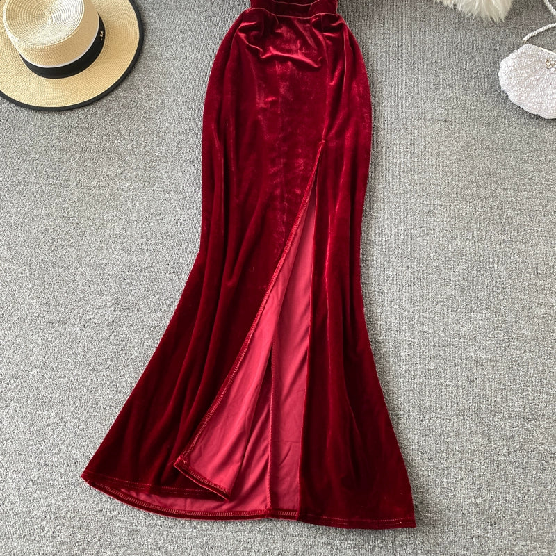 Babs Deep V-neck Low Cut High Slit Long Dress Suspender Skirt Banquet Host Dress Skirt Sexy Open Back Velvet Sheath Dress