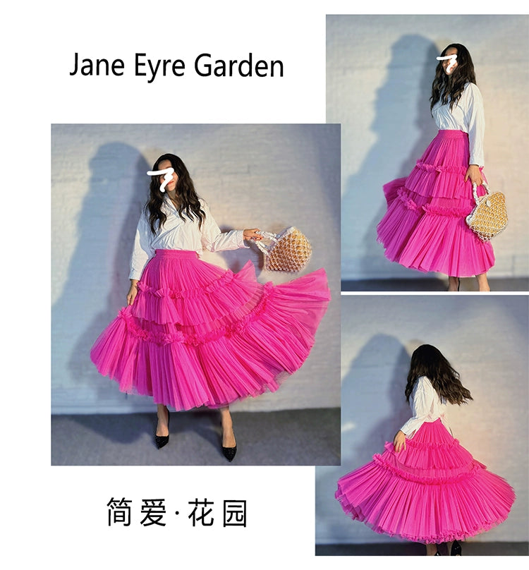 Maxy Plus Size 2024 New Lolita Rose Mesh Large Hem Fluffy Half Female Skirt Korean Fashion Dating Tutu Pleated Skirt