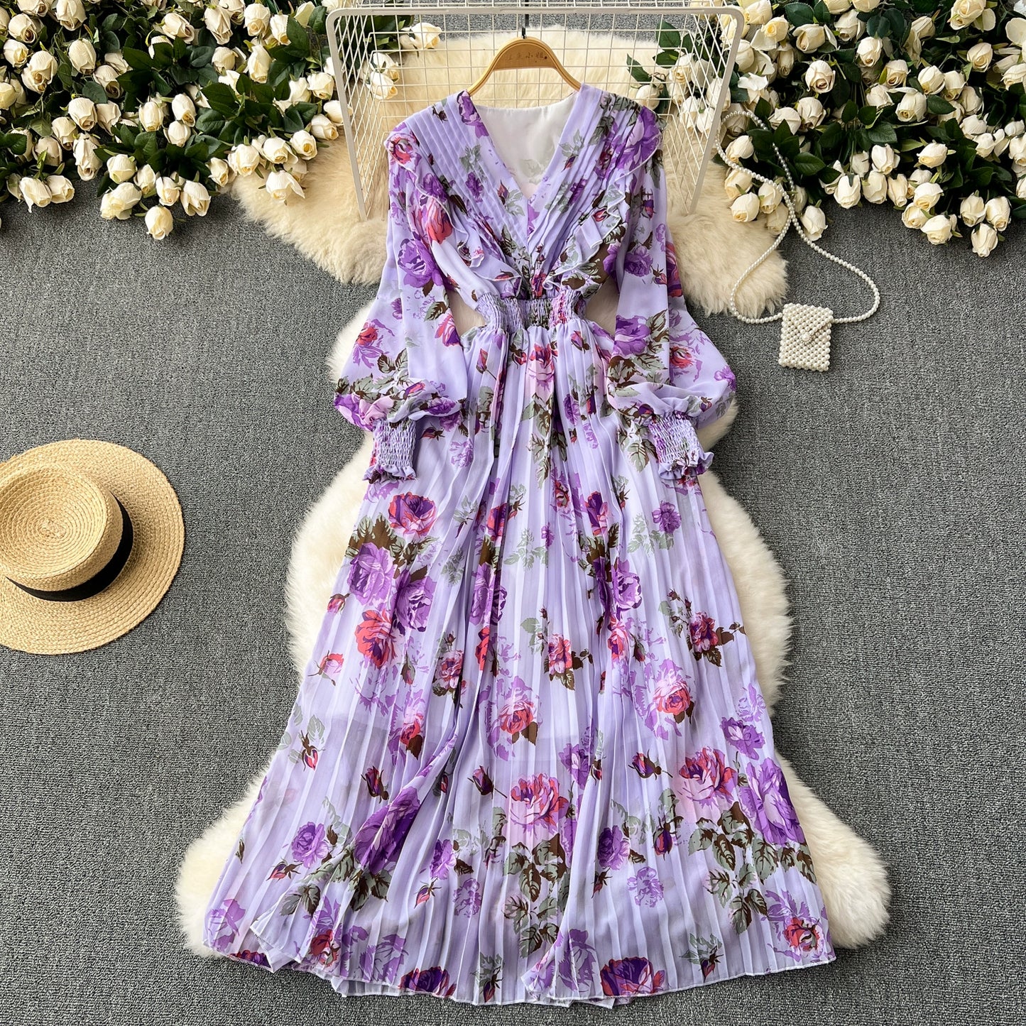 Macy French Style Retro Dress Women's Niche Style Lightly Mature Floral Chiffon Fairy Dress Tight Waist Slim Looking Elegant Pleated Long Dress