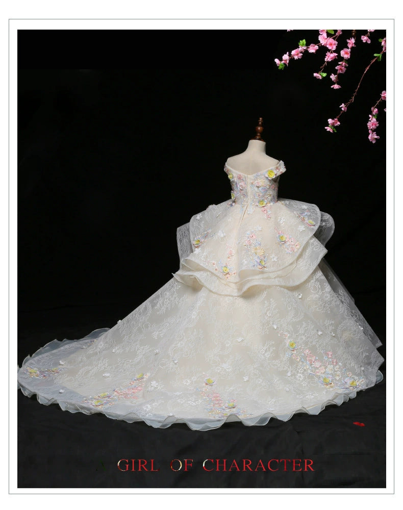 Maxy Summer Children's Dress Trailing Catwalk Performance Costumes Flower Girl Puffy Wedding Dress Elegance Girl Princess Dress